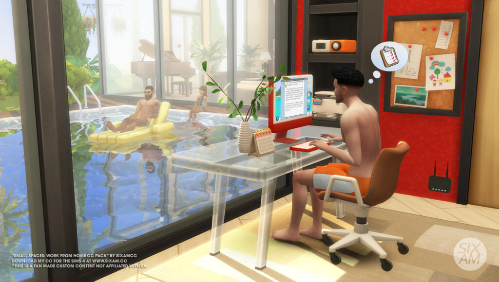 Sims 4 CC mini desk tablet keyboard and router clutter for a compact home office by SixamCC
