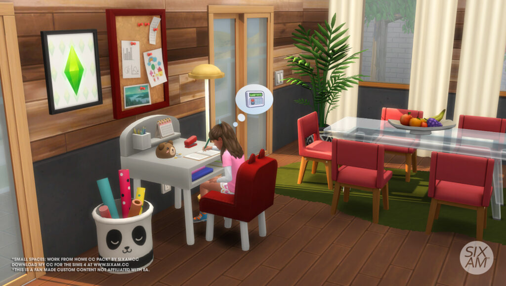 Sims 4 CC home office with large desk designer computer cork board and bookshelf by SixamCC