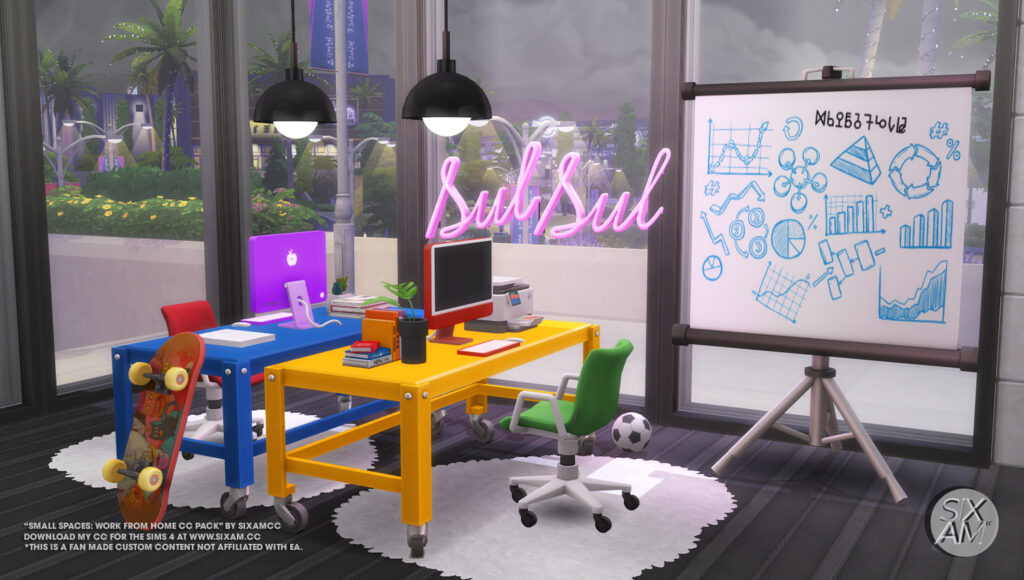 Sims 4 CC kids desk chair paper basket and piggy bank in a small workspace by SixamCC