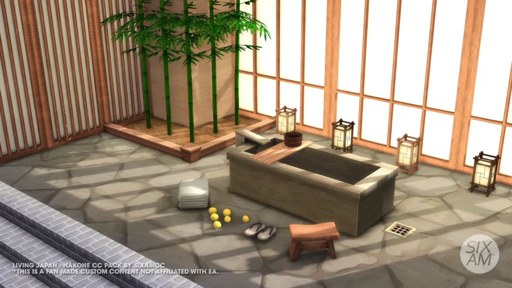 Sims 4 CC Hakone Japan inspired bathroom with traditional Japanese architectural details by SixamCC