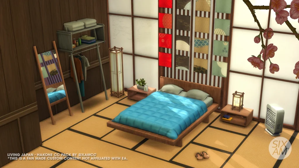 Sims 4 CC Japanese-inspired bedroom with new bed duvet and ceiling beams by SixamCC