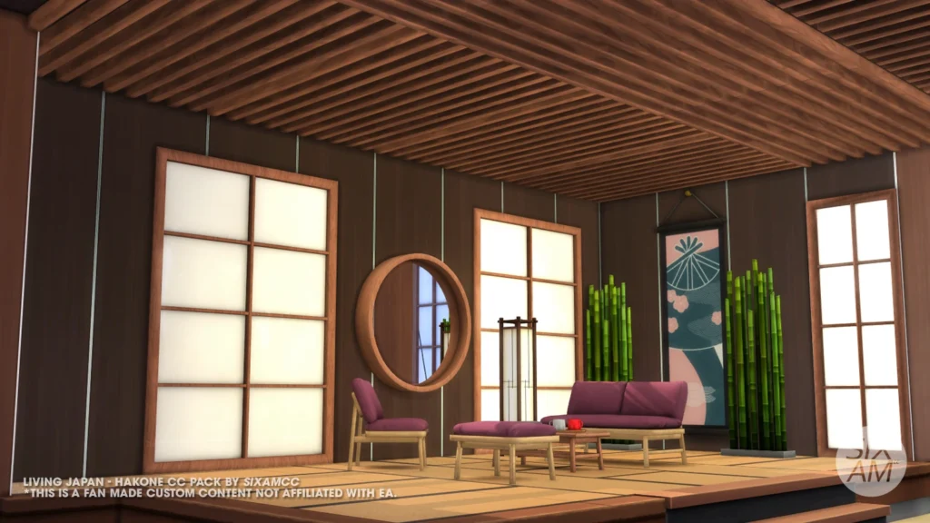 Sims 4 CC living room with Japanese ceiling beam pattern and clutter-friendly furniture by SixamCC
