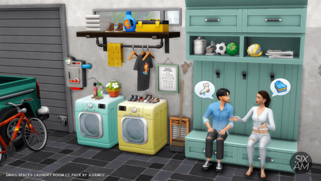 sims 4 cc laundry room pack with washer and dryer by sixamcc. Custon content creator. Amazing Laundry sims 4 cc. Sims 4 CC mudroom.