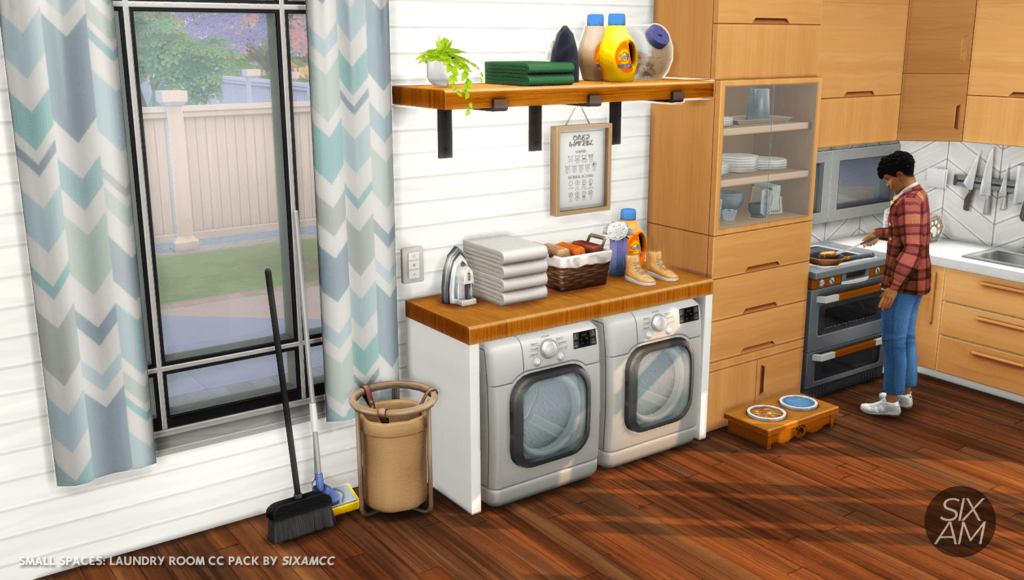 sims 4 cc laundry room pack with washer and dryer by sixamcc. Custon content creator. Amazing Laundry sims 4 cc.