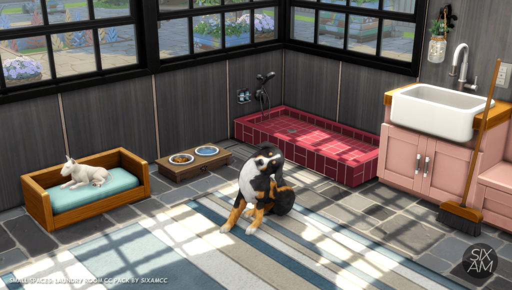 sims 4 cc laundry room pack with washer and dryer by sixamcc. Custon content creator. Amazing Laundry sims 4 cc. Dog bathtube.