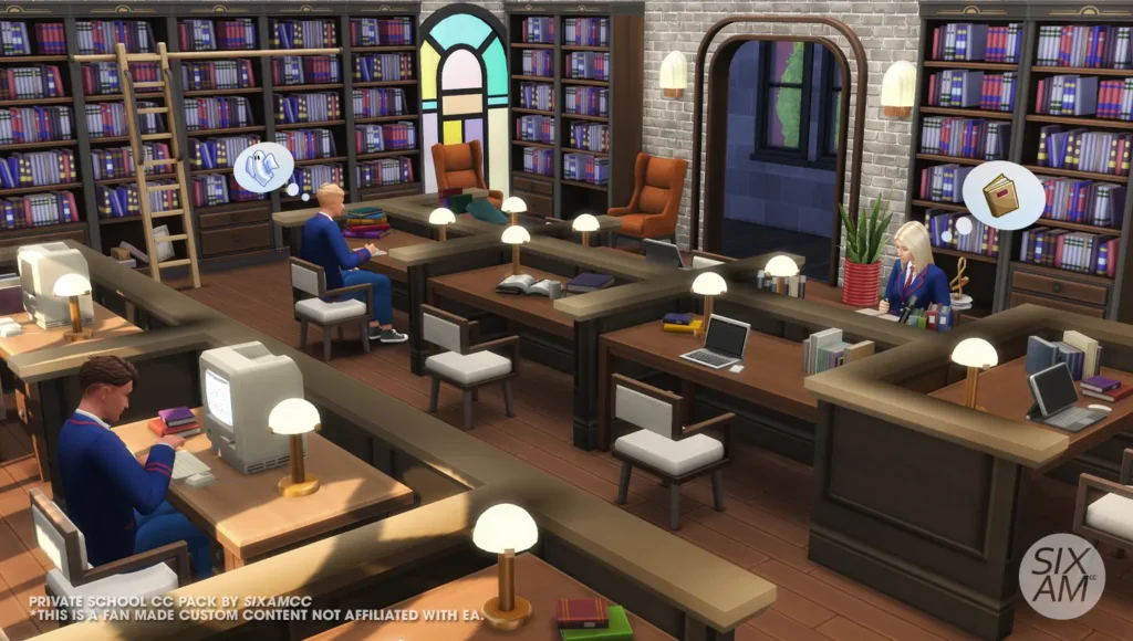Sims 4 CC private school library with bookcases, study desks, table lamps and academic campus interior.