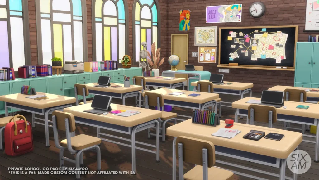Sims 4 school CC classroom with student desks, laptops, chalkboard wall and private academy interior build.