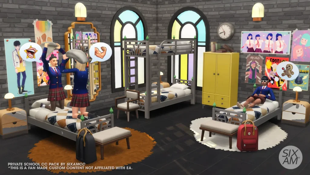 Sims 4 CC private school dorm room with bunk beds, lockers, night tables and teen Sims in boarding school uniforms.