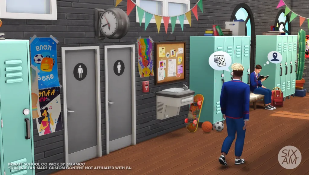 Sims 4 private school hallway with lockers, drinking fountain and teen Sims in High School Years uniforms.