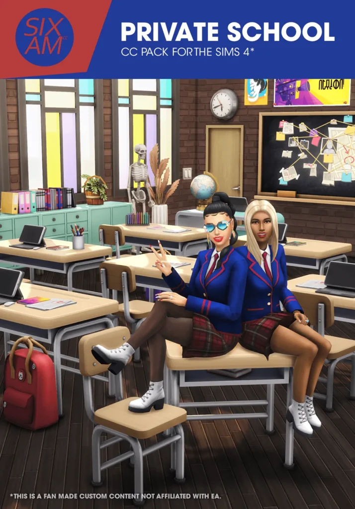 Sims 4 CC pack private school classroom with desks, lockers, chalkboard and students in uniform for high school gameplay.