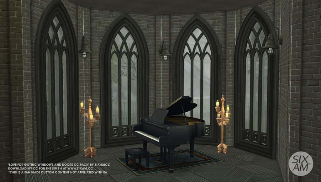 Sims 4 CC gothic arched windows in a dark stone music room with grand piano and candelabras by SixamCC