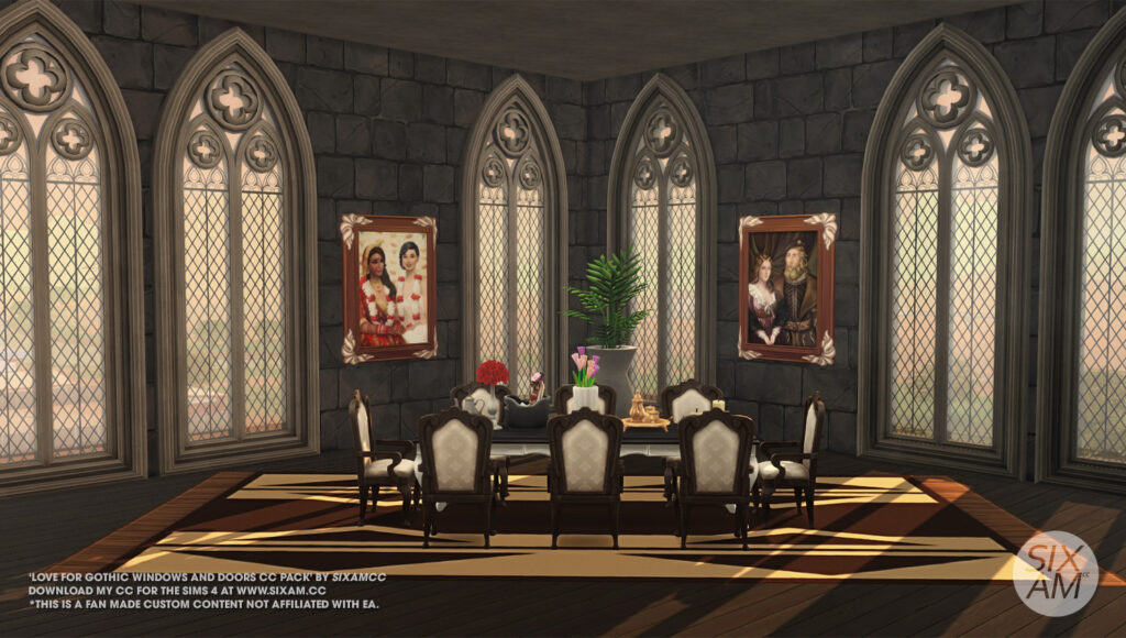Sims 4 CC gothic windows in a castle dining room with portrait paintings and elegant dining set by SixamCC