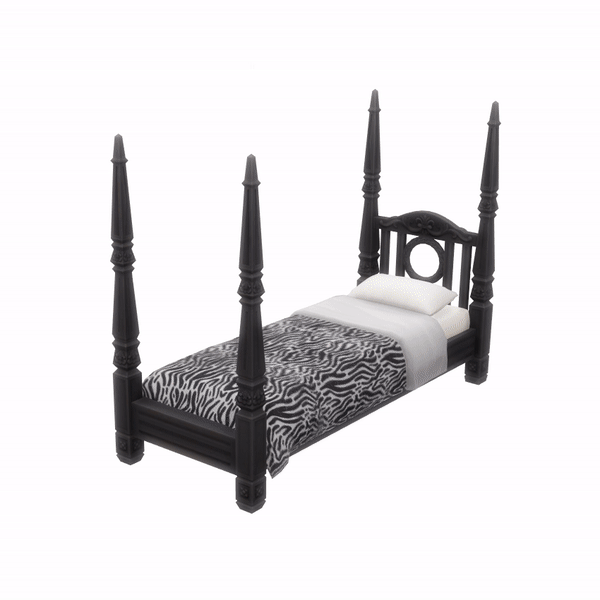 Sims 4 goth bedroom CC with dark wood double bed, fireplace, and candlelit wall lamps by SixamCC
