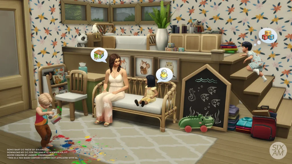 Sims 4 CC packs Boho-Baby free nursery decoratives including bassinet, mobile hanger, and panda bear plush by sixamcc