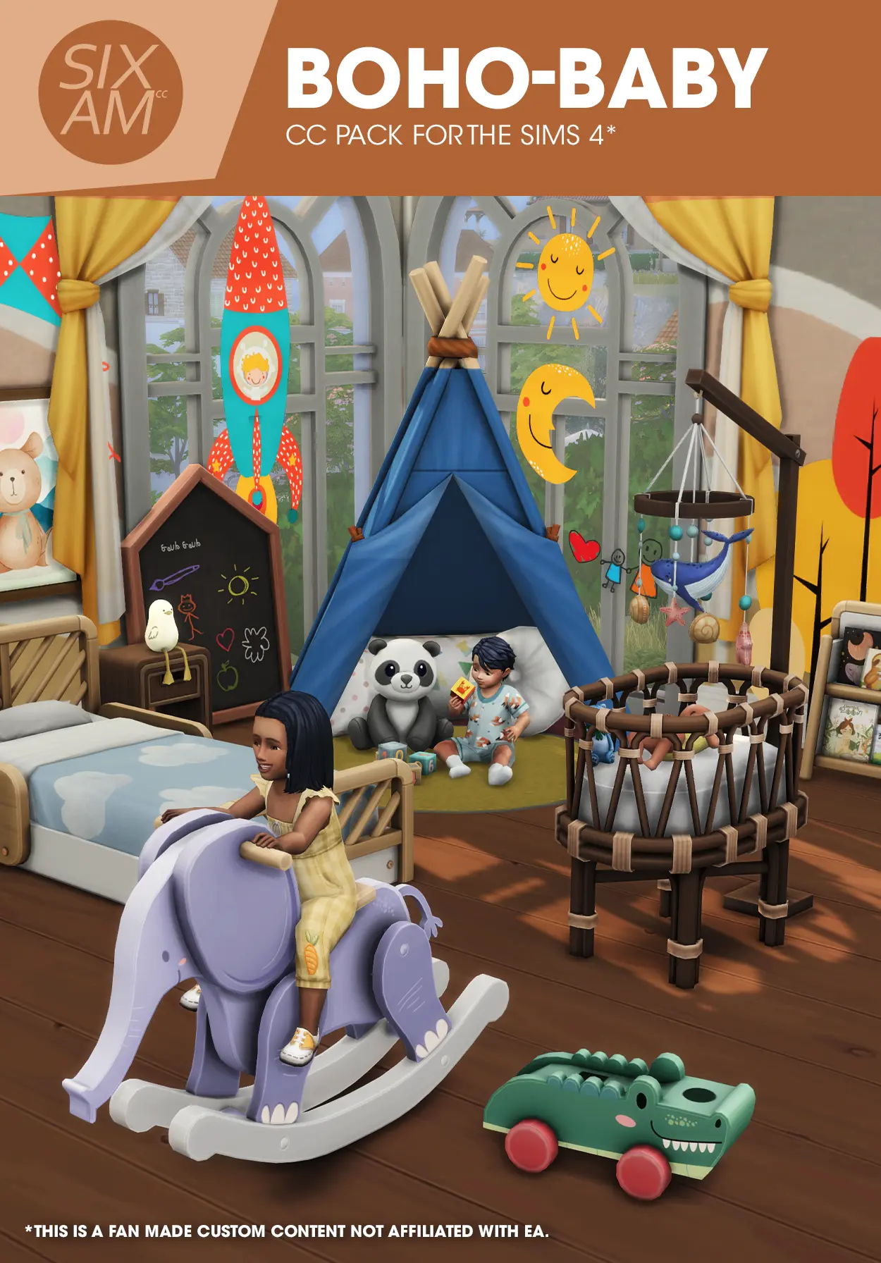 Sims 4 CC packs: Boho-Baby free Maxis Match nursery and toddler CC collection with 32 items in a modern boho style