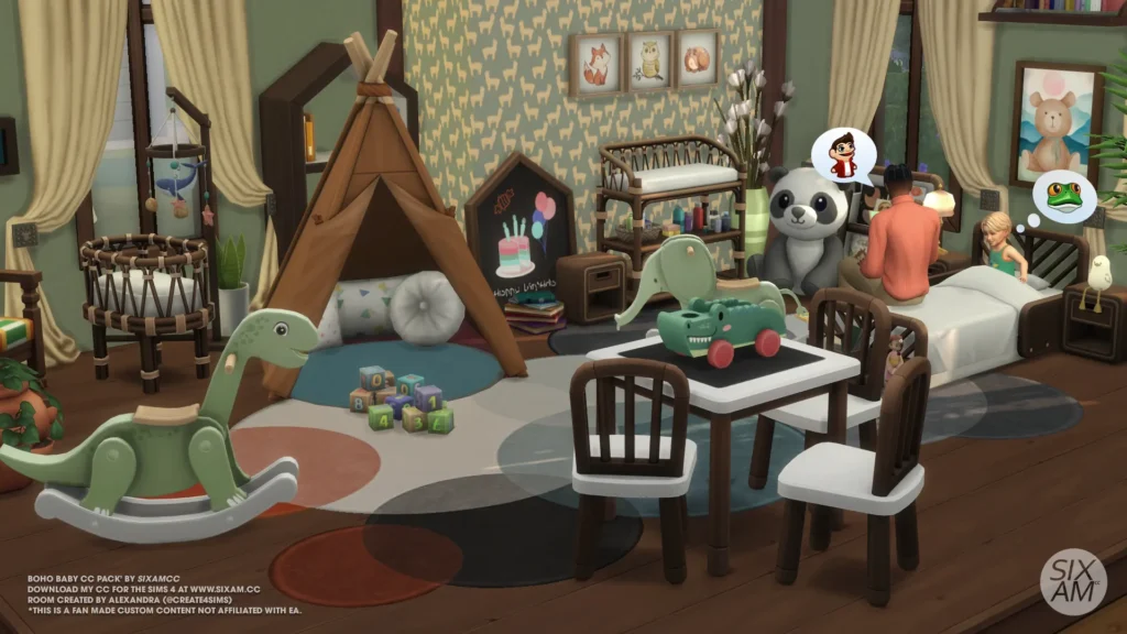 Sims 4 CC packs Boho-Baby full nursery room with toddler bed, functional tipi tent, and matching boho wallpapers by sixamcc