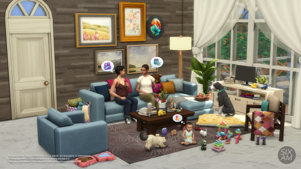 Sims 4 custom content living room with plush seating, blankets, and plants from the Cozy Family CC pack by SixamCC