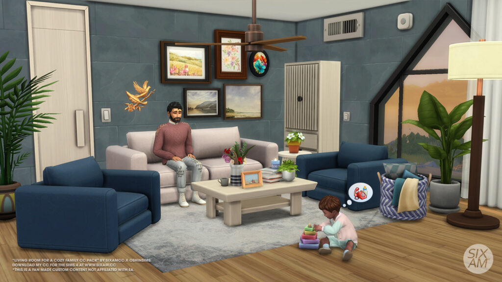 Sims 4 CC dog beds and pet food bowl from the Living Room for a Cozy Family pack by SixamCC requiring Cats and Dogs expansion