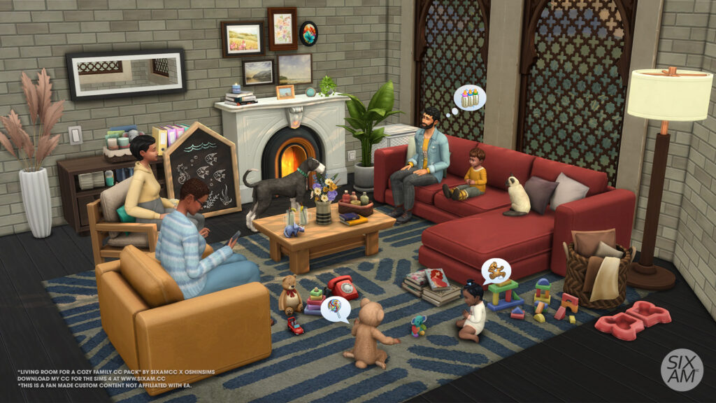 Sims 4 Maxis Match CC kids and infant toys scattered on living room rug from the Cozy Family pack by SixamCC x OshinSims