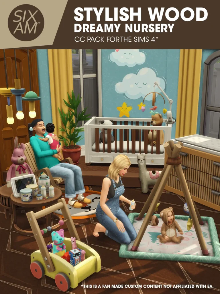 Sims 4 CC cover image of Stylish-Wood Dreamy Nursery showing a cozy wooden nursery with crib, baby clutter, play mat, and Sims parents with their infant.