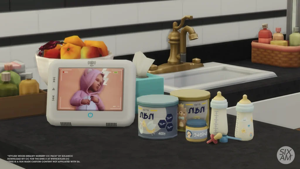 Sims 4 CC Sims 4 Mod cover image of Stylish-Wood Dreamy Nursery showing a cozy wooden nursery with crib, baby clutter, play mat, and Sims parents with their infant.
