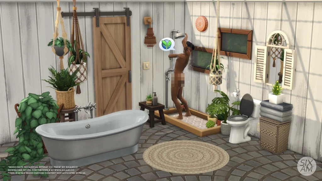 Sims 4 bathroom CC by SixamCC featuring the Boho-Bath Botanical Retreat copper bathtub and wood sink vanity with arched mirror
