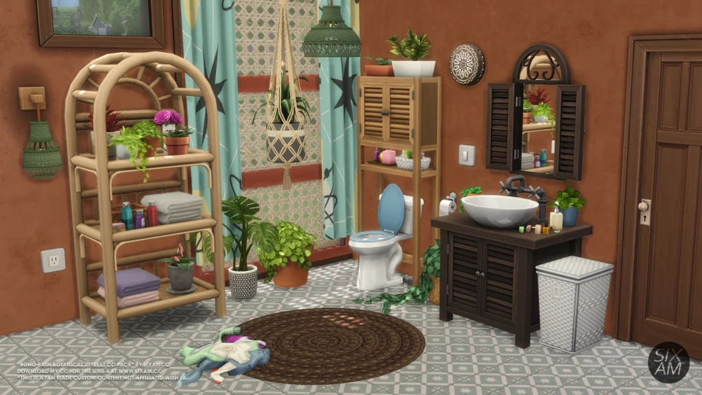 Sims 4 CC pack Boho-Bath Botanical Retreat by SixamCC showing full bohemian bathroom build with soaking tub and greenery