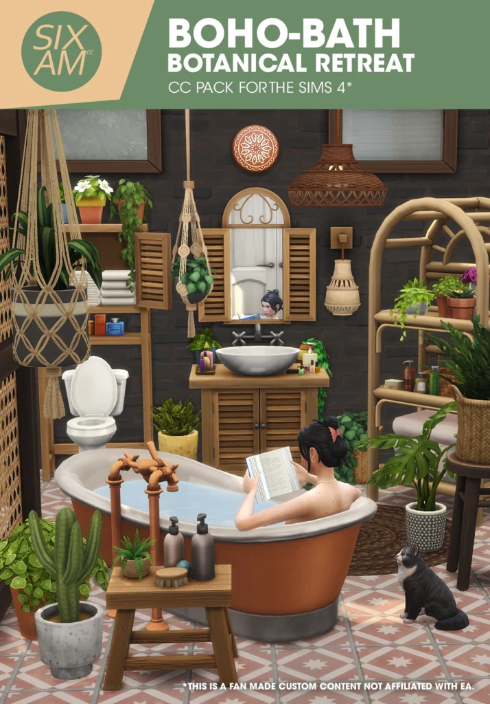 Sims 4 CC pack Boho-Bath Botanical Retreat by SixamCC featuring a bohemian bathroom with a copper soaking tub, macrame hanging plants, rattan ceiling lights, and terracotta decor