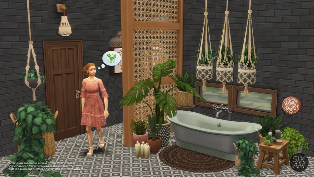 Free Sims 4 CC Boho-Bath Botanical Retreat by SixamCC with rattan ceiling lights, macrame plant hangers, and woven wall sconces