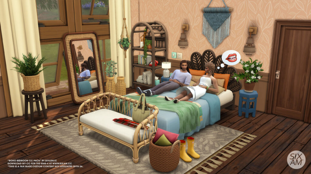 Sims 4 CC pack boho high ceiling windows and wallpapers in a Maxis Match bedroom by SixamCC