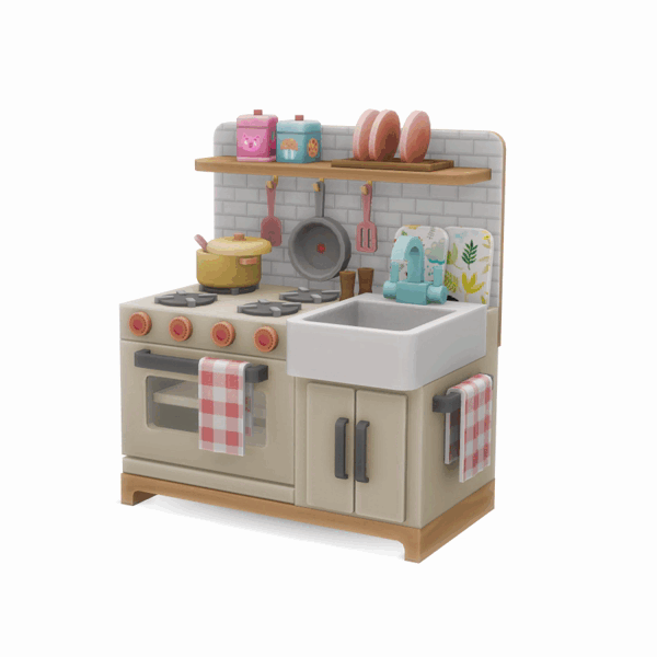 Tiny Playrooms Sims 4 CC Pack featuring a functional toy kitchen and mini music instruments for kids bedrooms and playrooms. By SixamCC.