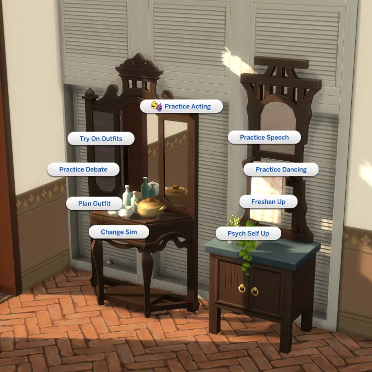 Sims 4 CC vanity table and bathroom cabinet with mirror functionality for The Sims 4 For Rent sixamcc