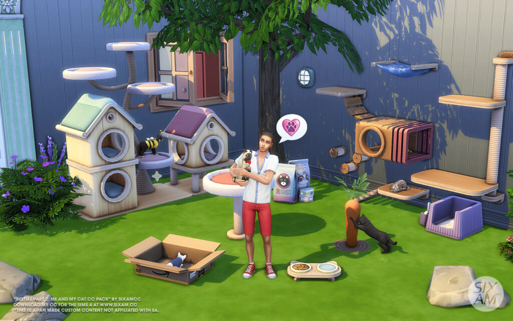 Free Sims 4 cat CC scratching posts cardboard box bed and cat climbing wall from SixamCC Besties Me and My Cat pack