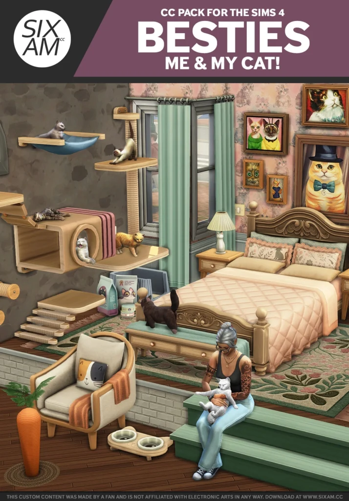 SixamCC Besties Me and My Cat Sims 4 CC pack featuring cat-themed bedroom furniture and pet essentials in Maxis Match style