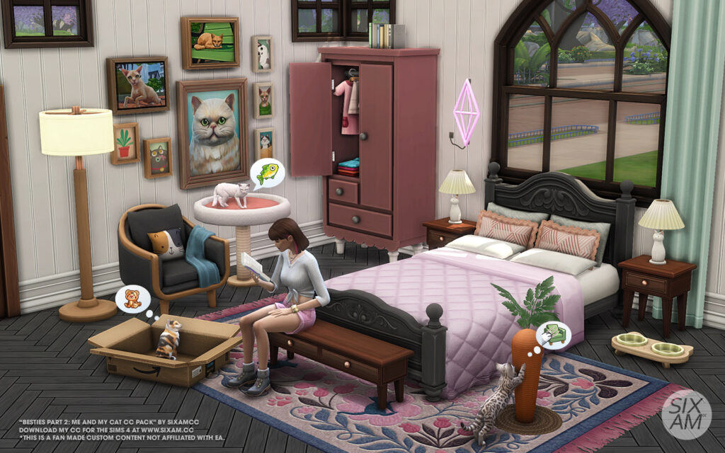 Sims 4 CC bedroom furniture from SixamCC Besties Me and My Cat including cat-detail bed frame armchair and night table lamp