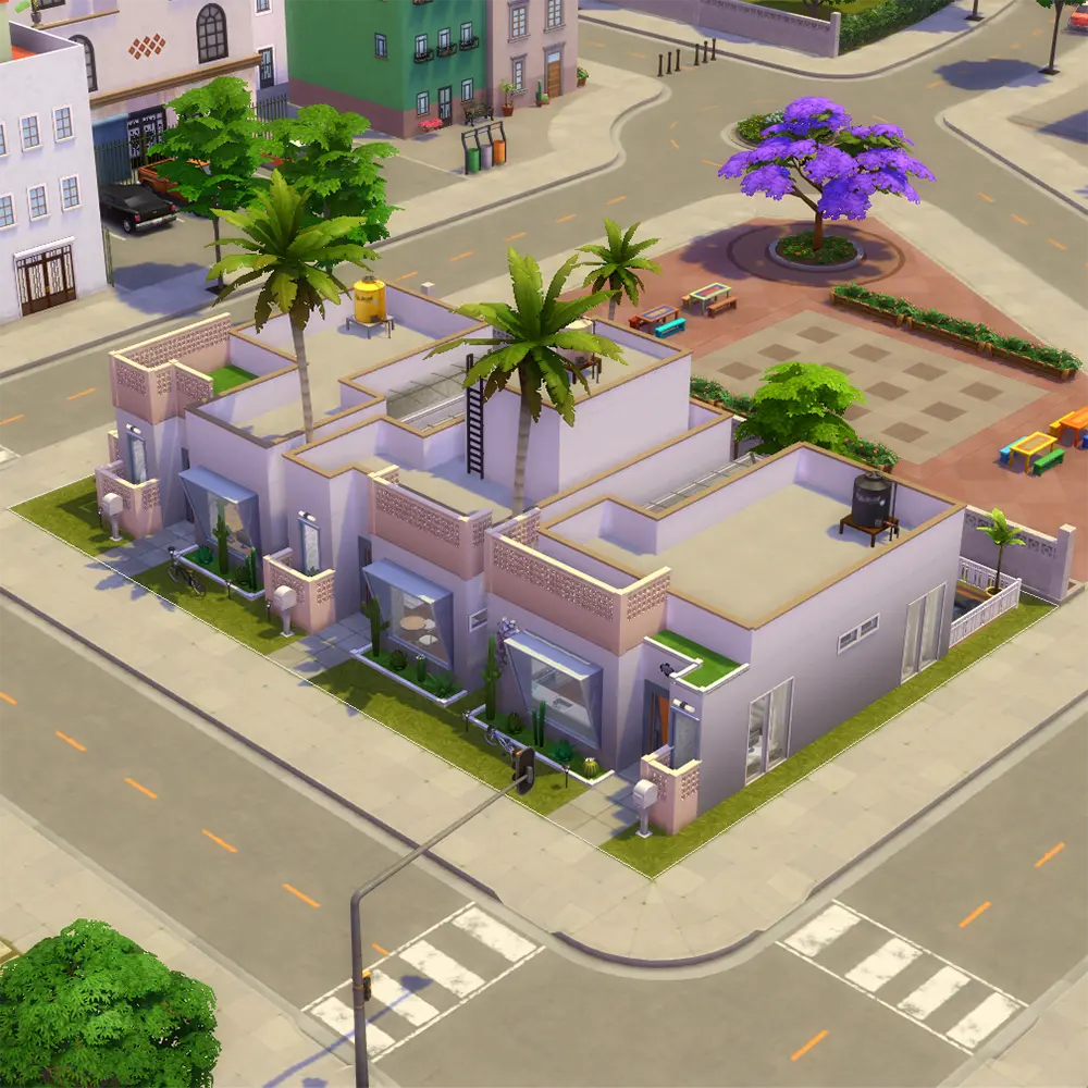 Temozonte Apartments Sims 4 build interior showing a fully furnished living room in one of the three rental units