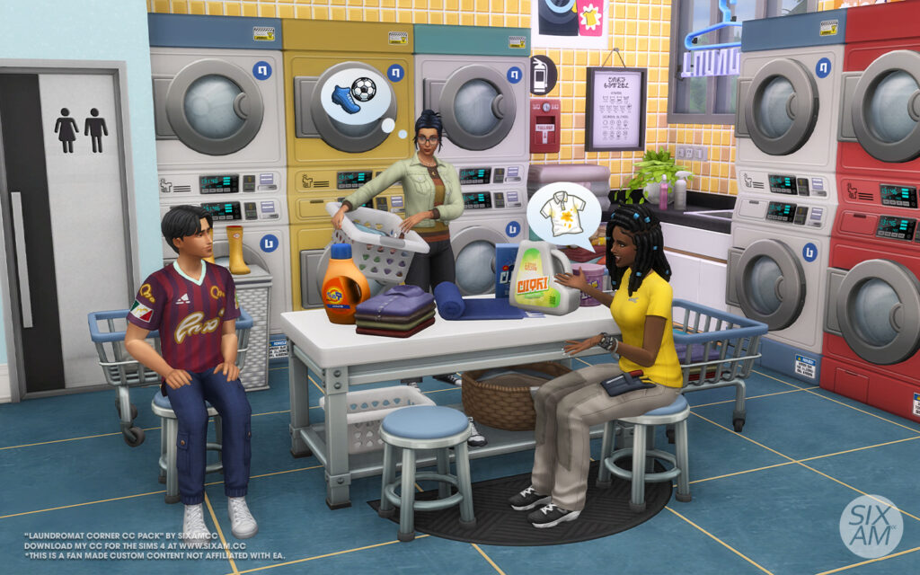Sims 4 CC laundromat corner with coin change machine neon sign and laundry posters by SixamCC