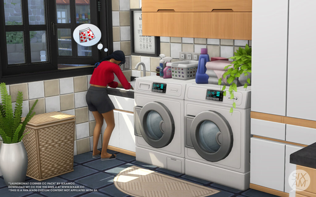 Sims 4 CC folding table and metal stools in a community laundromat setting by SixamCC