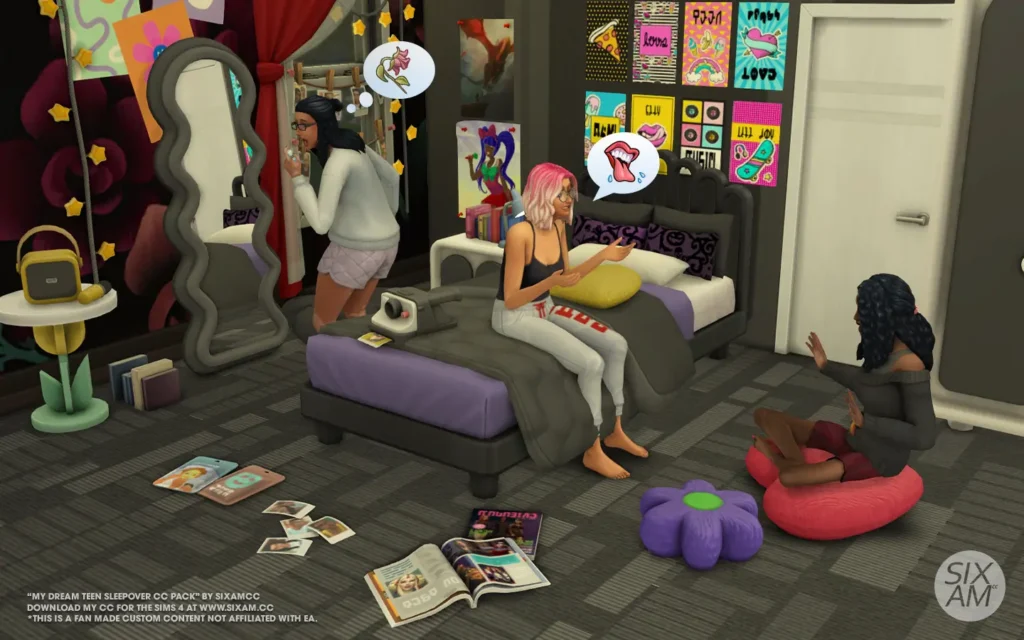 A group of teens having fun during a sleepover in a vibrant, pastel-themed bedroom from SixamCC’s ‘My Dream Teen Sleepover’ CC Pack for The Sims 4. The room is decorated with playful furniture, including twin beds, a vanity mirror, colorful posters, string lights, and soft cushions. Sims are seen playing a board game on the floor, surrounded by teen-themed accessories like magazines, nail polish, and pillows. This custom content pack offers a complete set of bedroom decor, perfect for creating cozy and fun sleepover vibes for your Sims 4 gameplay. Sims 4 CC.