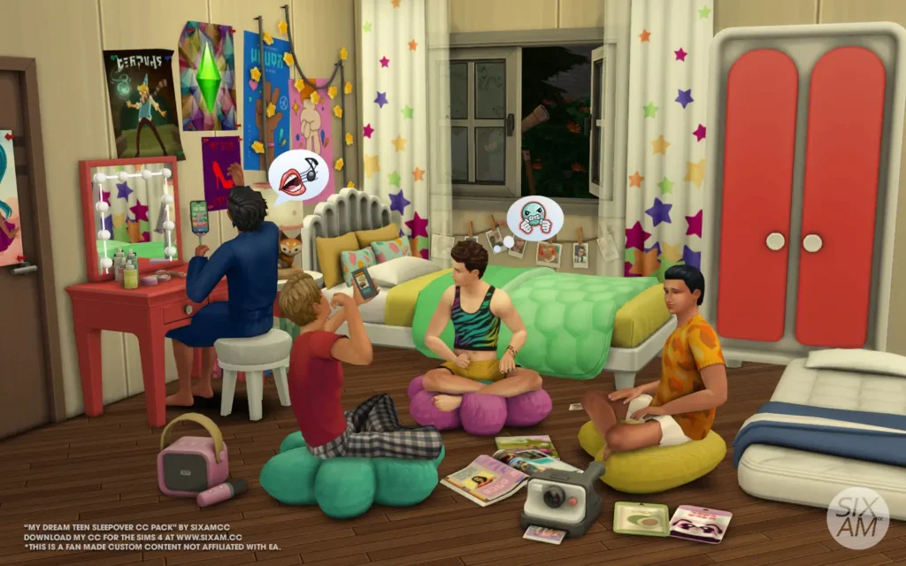 A group of teens having fun during a sleepover in a vibrant, pastel-themed bedroom from SixamCC’s ‘My Dream Teen Sleepover’ CC Pack for The Sims 4. The room is decorated with playful furniture, including twin beds, a vanity mirror, colorful posters, string lights, and soft cushions. Sims are seen playing a board game on the floor, surrounded by teen-themed accessories like magazines, nail polish, and pillows. This custom content pack offers a complete set of bedroom decor, perfect for creating cozy and fun sleepover vibes for your Sims 4 gameplay. Sims 4 CC.