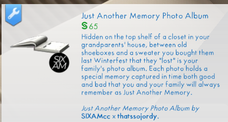 Just Another Memory photo album Sims 4 mod by SixamCC and Thatssojordy decorative version swatch options