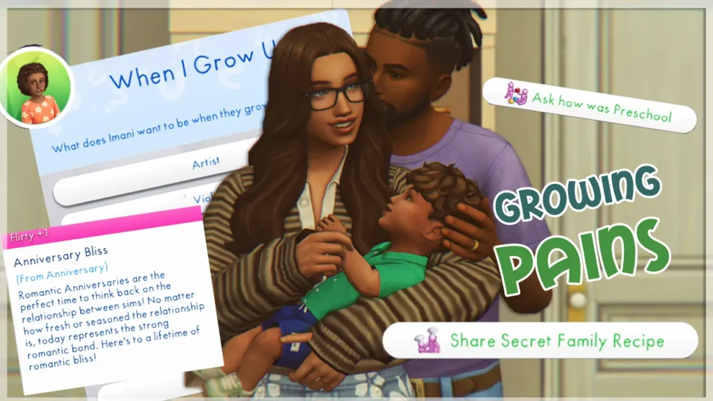 Sims 4 mod Growing Pains by Thatssojordy feature overview used alongside the SixamCC photo album CC