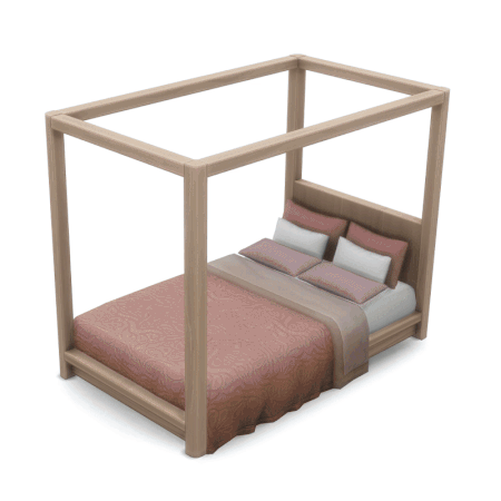 Sims 4 cc pack, bedroom CC set featuring a four-poster bed with warm bedding, nightstand, and wood dresser in Maxis Match style by sixamcc