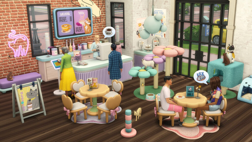 Sims 4 CC pack functional pastry display and coffee bar in a cat café setting by SixamCC