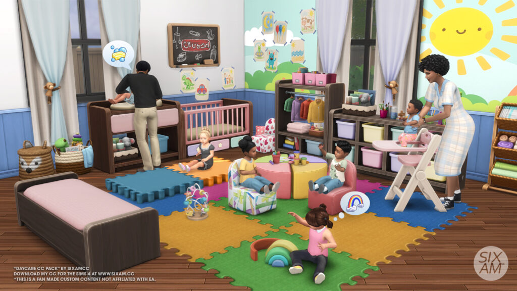 Free Sims 4 CC daycare build using SixamCC Daycare pack with puzzle mat, storage bins, and wall art