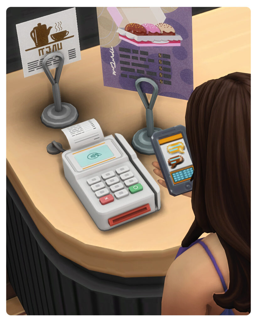 Sim using a functional payment terminal in The Sims 4 mod, ideal for cafés and retail businesses