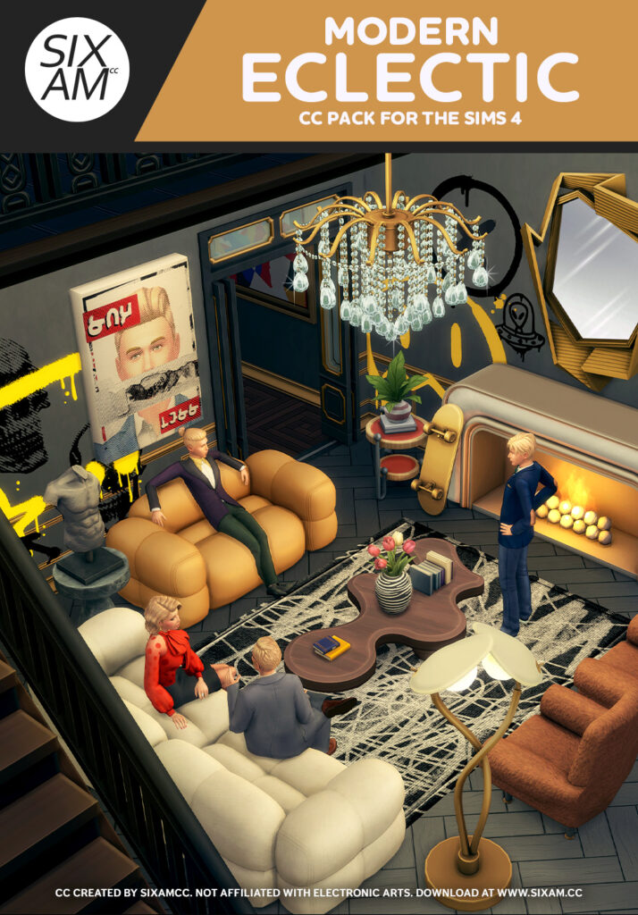 Modern Eclectic Living Room (Sims 4 CC Pack) Johnny Zest Landgraab Family