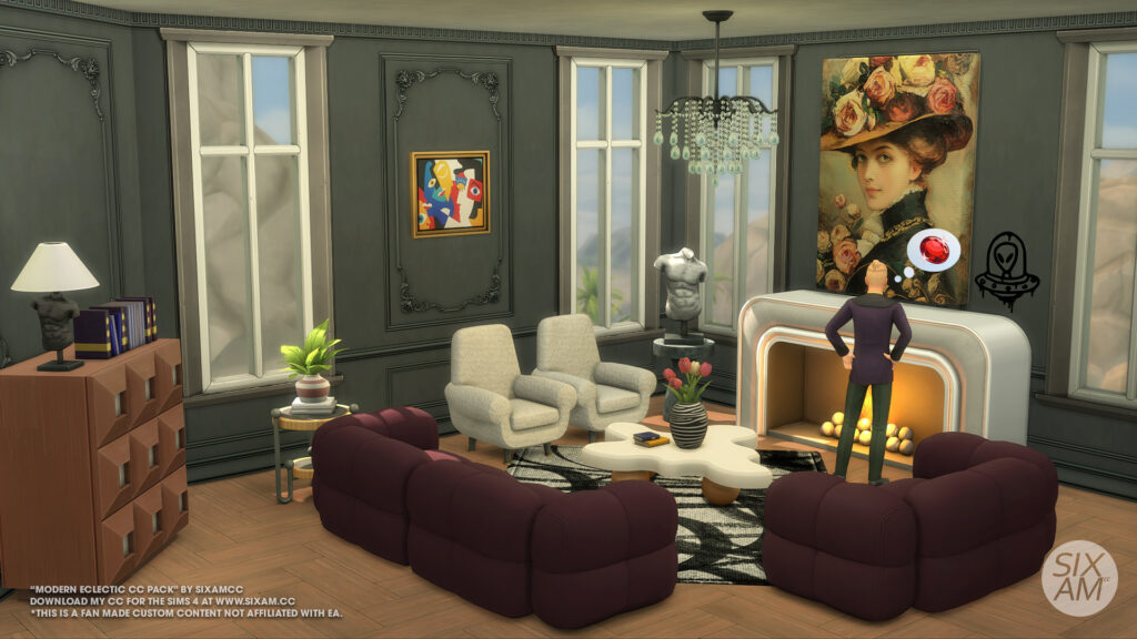 Modern Eclectic Living Room (Sims 4 CC Pack) Johnny Zest Landgraab Family