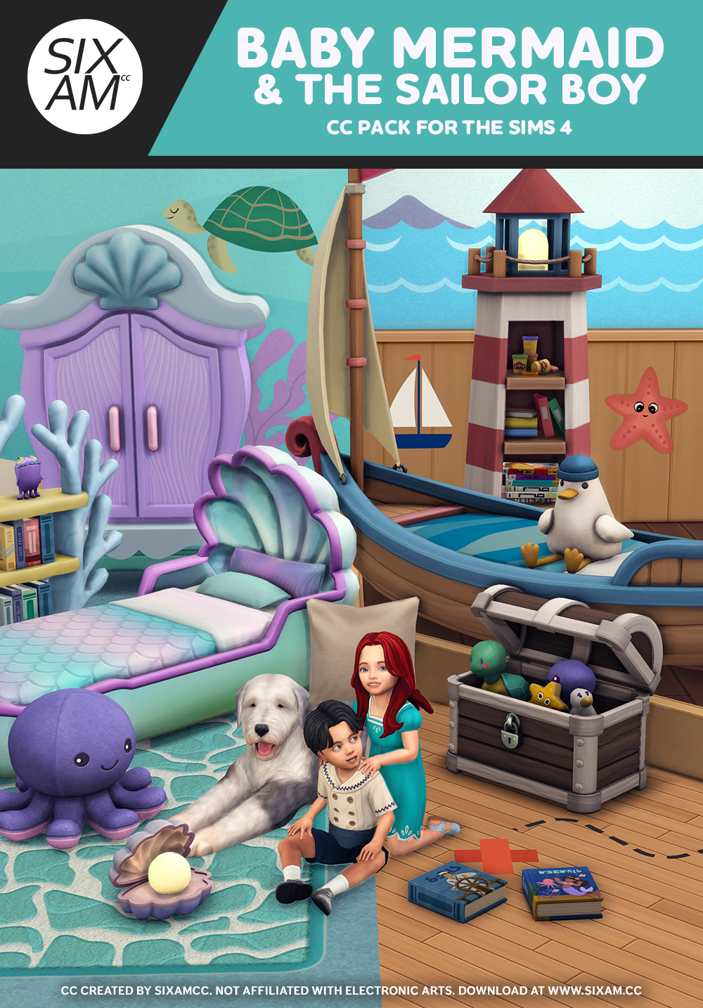 Sims 4 CC toddler bedroom with Maxis Match Sims 4 custom content from SixamCC’s Baby Mermaid and The Sailor Boy CC Pack, featuring a pearl-shaped nightlight, ocean-themed plush toys, shell bed, and decorative treasure chest. Available as Sims 4 free CC and on Sims 4 CC Patreon