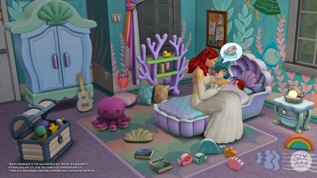Sims 4 CC mermaid toddler bedroom made with Maxis Match Sims 4 custom content from SixamCC, including a shell-shaped bed, coral bookshelf, and ocean toys. Available as Sims 4 free CC and on Sims 4 CC Patreon.